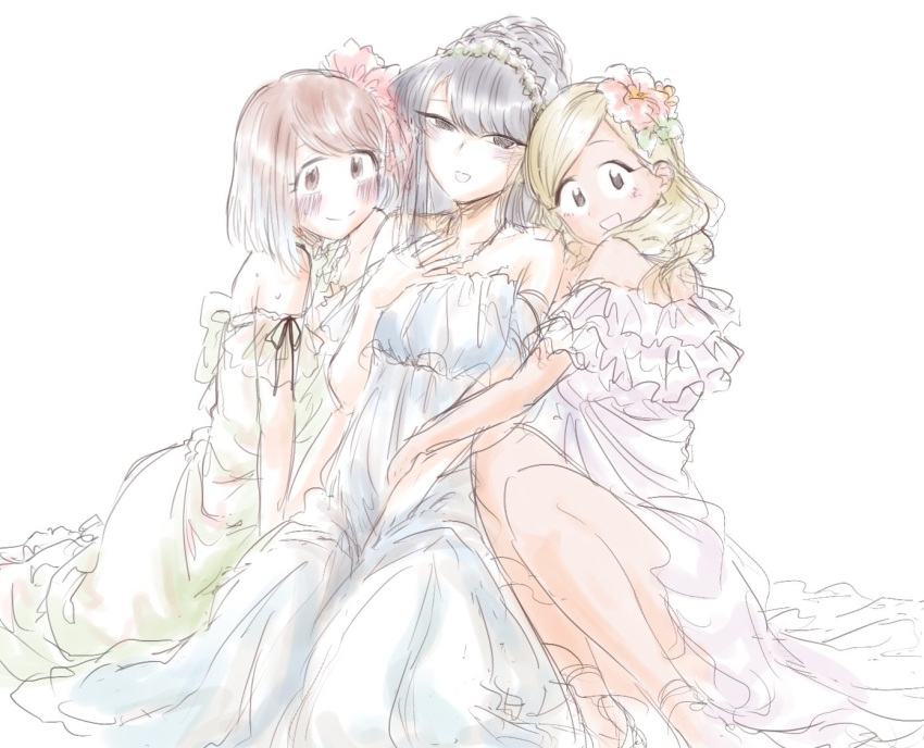 3girls, black_eyes, black_hair, dress, flower, hair_flower, hair_ornament, komi-san_wa_komyushou_desu