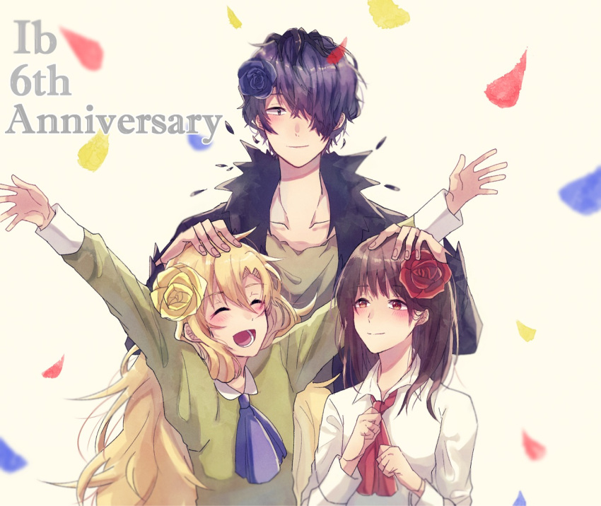 1boy, 2girls, :d, anniversary, arms_up, black_flower, blonde_hair, blue_neckwear