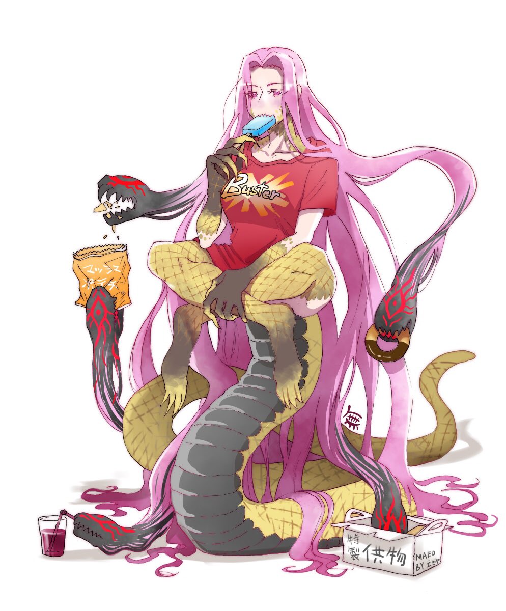 1girl, alternate_costume, bottomless, breasts, chips, claws, collarbone, commentary, doughnut, drinking, drinking_straw, eating, eyebrows_visible_through_hair, eyes_visible_through_hair, fate/grand_order, fate_(series), food, gorgon_(fate), highres, large_breasts, long_hair, monster_girl, mubo7mubo4, popsicle, potato_chips, purple_hair, rider, scales, sharp_teeth, shirt, snake, solo, t-shirt, tail, teeth, very_long_hair, violet_eyes