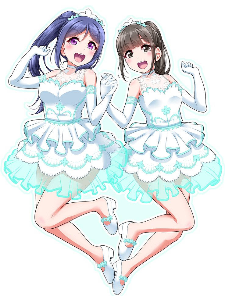 2girls, :d, arms_up, bangs, black_eyes, black_hair, blue_hair, blue_outline
