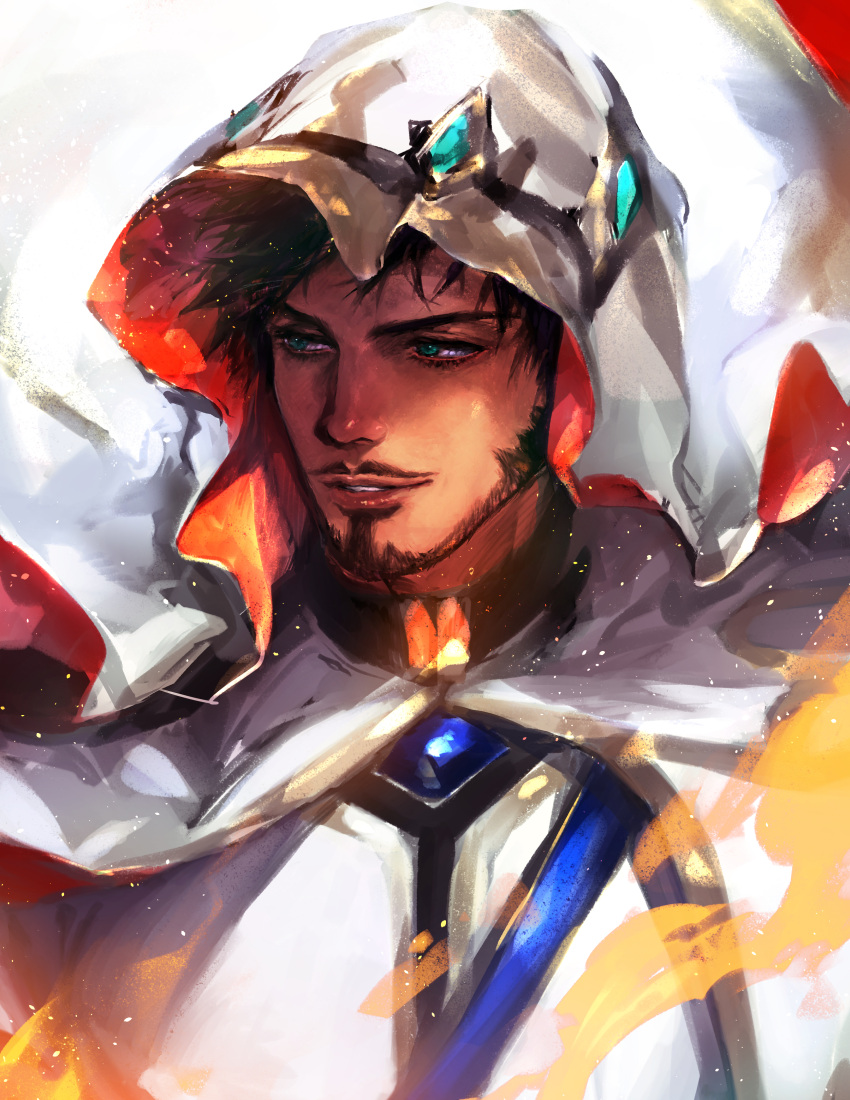 1boy, absurdres, arabian_clothes, beard, black_hair, cloak, dark_skin, dragalia_lost, facial_hair, fire, green_eyes, haiki_(tegusu), highres, jewelry, naveed, parted_lips, solo