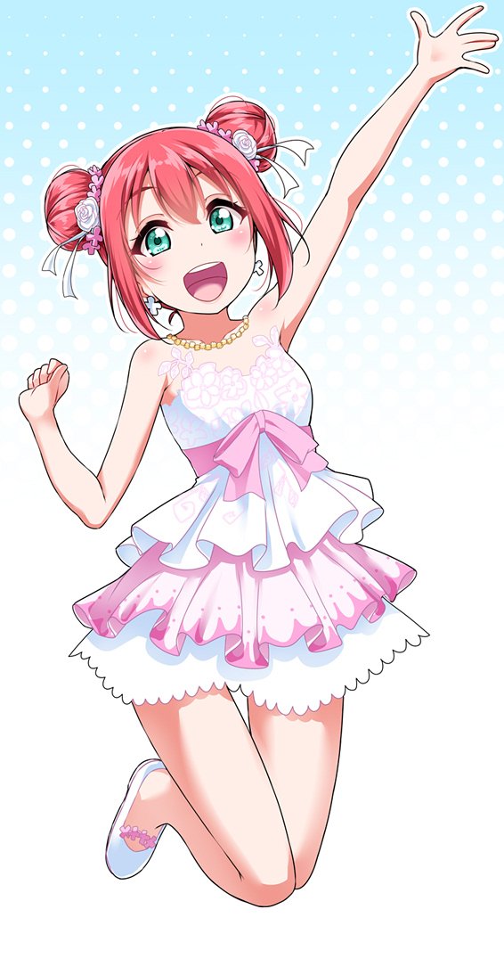 1girl, arms_up, bangs, blush, bow, breasts, double_bun, dress