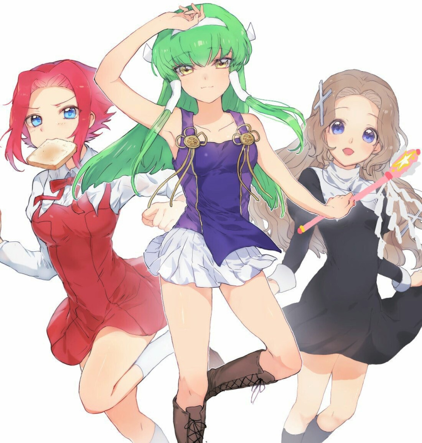 3girls, aoba_tsugumi, aoba_tsugumi_(cosplay), bare_shoulders, blue_eyes, boots, breasts, brown_hair