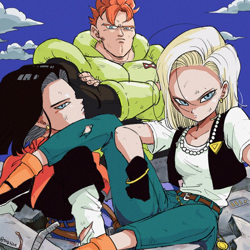 1girl, 2boys, android_16, android_17, android_18, belt, black_footwear, black_gloves
