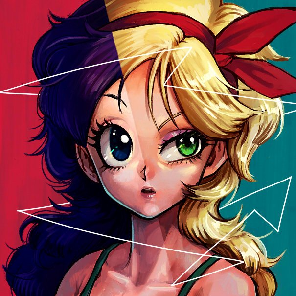 2girls, bare_shoulders, blonde_hair, blue_background, blue_eyes, blue_hair, close-up, dragon_ball