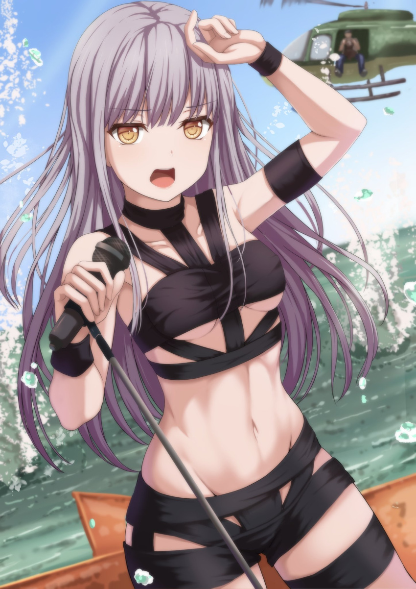 1boy, 1girl, aircraft, armband, bang_dream!, bangs, blurry, breasts