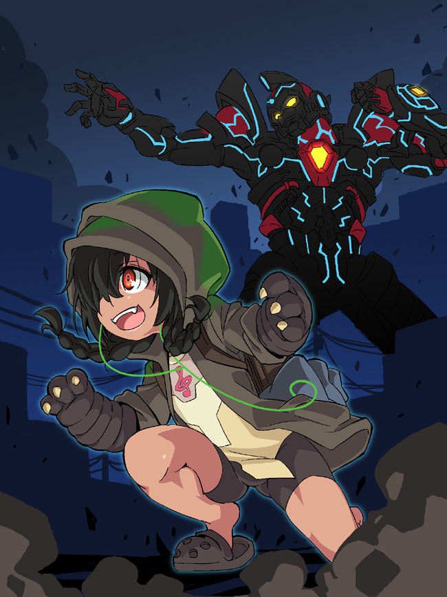1girl, anoshiras_ii, bike_shorts, braid, crocs, dark_skin, fang, fighting_stance, giant, glowing, gridman_(character), gridman_(ssss), hair_over_one_eye, hood, hoodie, nino_(ninouchi_irazu), ssss.gridman, twin_braids