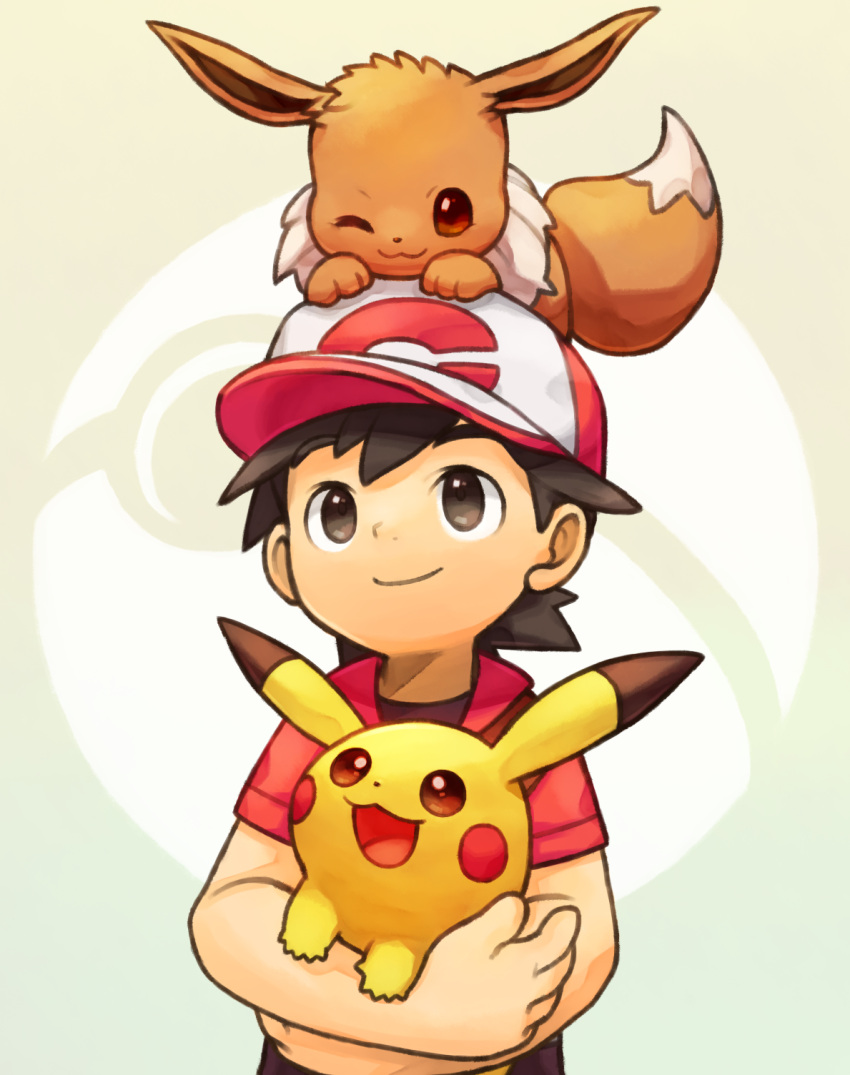 1boy, animal, animal_on_head, baseball_cap, black_hair, brown_eyes, carrying, closed_mouth, creatures_(company), eevee, game_freak, gen_1_pokemon, hat, highres, jacket, kakeru_(pokemon), looking_up, male_focus, nintendo, on_head, pikachu, poke_ball_theme, pokemon, pokemon_(creature), pokemon_(game), pokemon_lgpe, short_sleeves, smile, upper_body, yanedx
