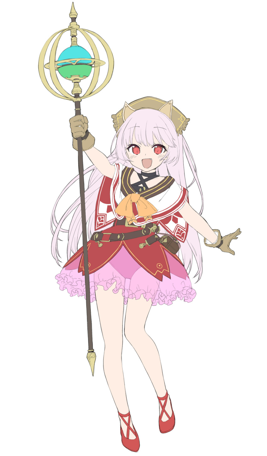 1girl, :d, absurdres, animal_ears, arm_up, bangs, black_choker, blush, brown_gloves, capelet, choker, collarbone, commentary_request, criss-cross_halter, dress, eyebrows_visible_through_hair, fang, fiola_ariete, full_body, gloves, hair_between_eyes, halterneck, head_scarf, highres, holding, holding_staff, leotard, leotard_under_clothes, long_hair, looking_at_viewer, open_mouth, original, pink_hair, pink_leotard, red_dress, red_eyes, red_footwear, see-through, sekira_ame, shoes, simple_background, smile, solo, staff, standing, very_long_hair, white_background, white_capelet