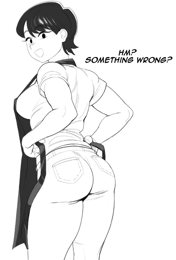 1girl, apron, ass, black_eyes, black_hair, eyeliner, full_body, komi-san_wa_komyushou_desu, komi_shuuko, makeup, mature, pomki, shirt, short_hair, smile, solo, thick_thighs, thighs, white_background