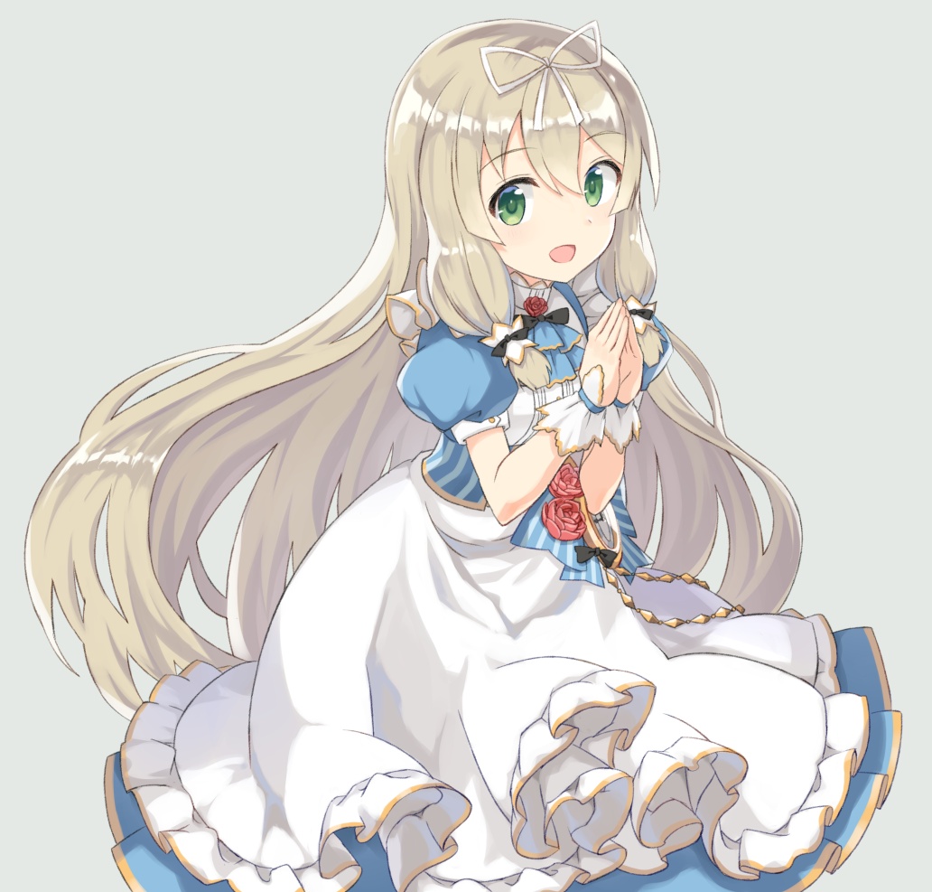 1girl, :d, blonde_hair, blush, dress, eyebrows_visible_through_hair, flower, green_eyes