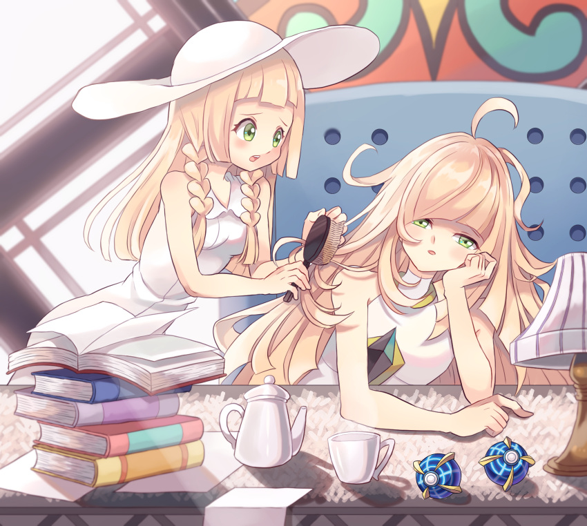 2girls, ahoge, bare_shoulders, beast_ball, blonde_hair, blush, book, braid, creatures_(company), cup, dress, drink, female, game_freak, green_eyes, hair_brush, highres, indoors, kazuru_wa, lamp, lillie_(pokemon), looking_at_viewer, lusamine_(pokemon), messy_hair, mother_and_daughter, multiple_girls, nintendo, open_book, open_mouth, poke_ball, pokemon, pokemon_(game), pokemon_sm, sleeveless, sleeveless_dress, steam, table, teacup, teapot, teeth, tied_hair, twin_braids, white_dress
