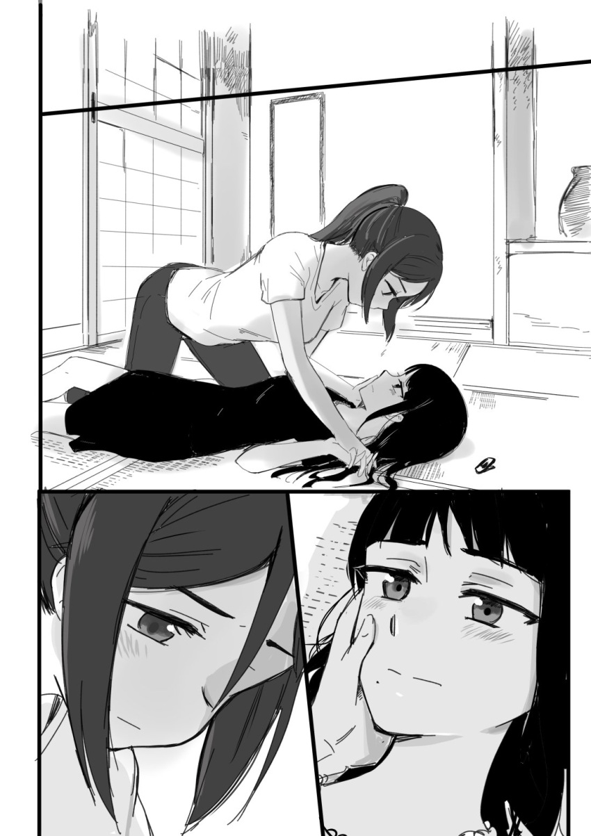 2girls, bangs, blush, casual, closed_mouth, comic, commentary_request, dress