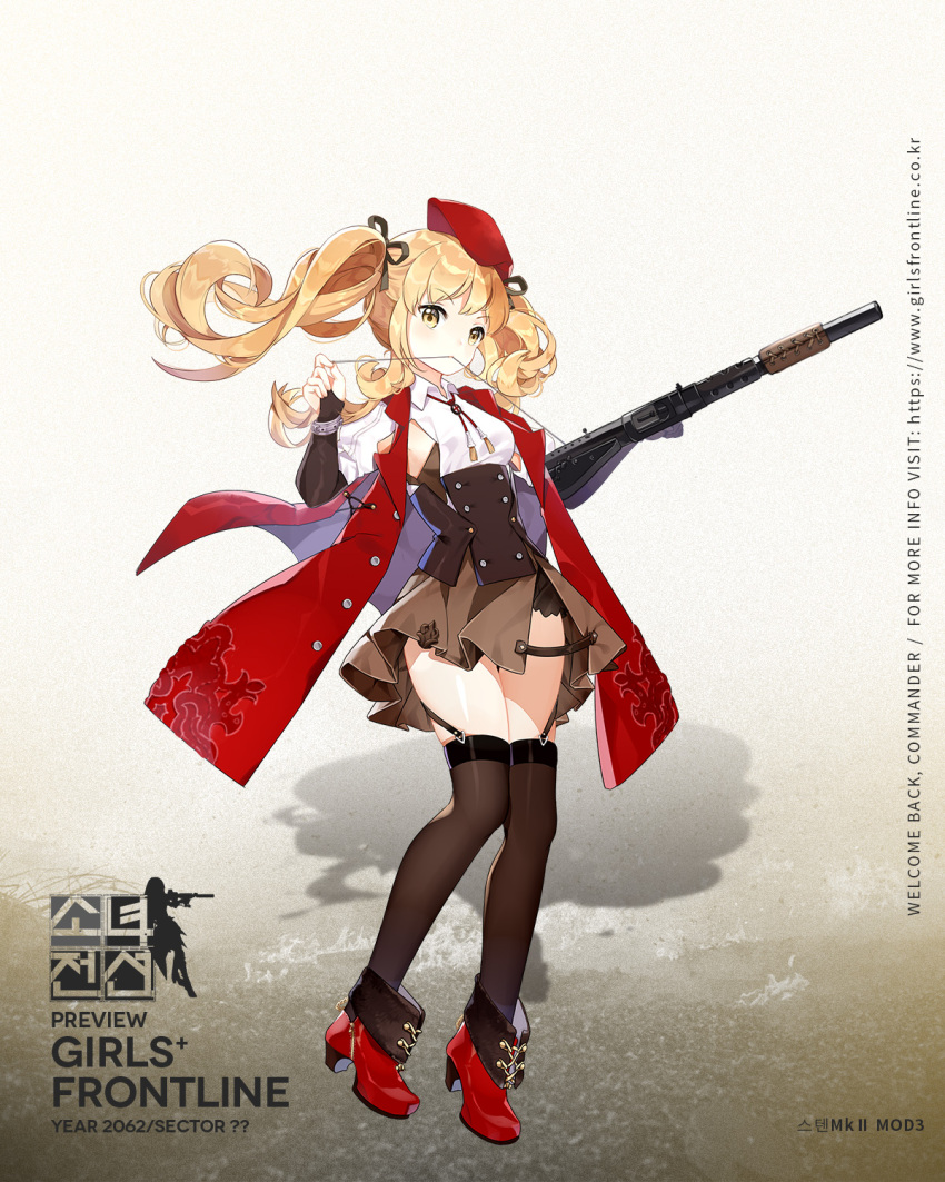 1girl, ankle_boots, bangs, beret, black_ribbon, black_skirt, blonde_hair, blouse