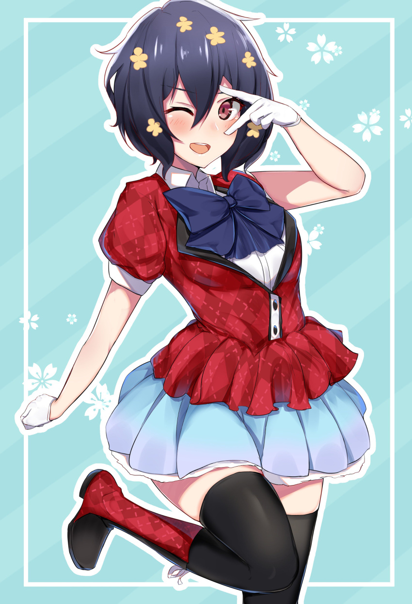 1girl, absurdres, black_hair, black_legwear, blue_background, blue_bow, blue_skirt, boots