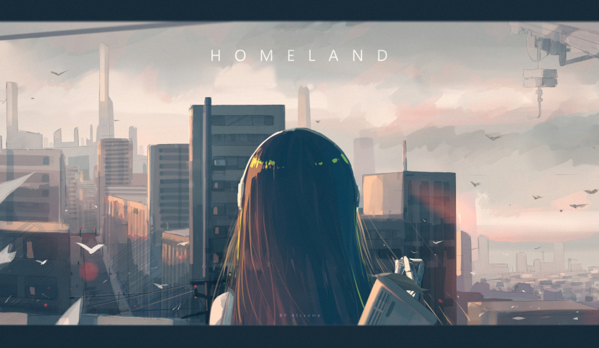 1girl, alcxome, artist_name, assault_rifle, bird, brown_hair, building, cityscape
