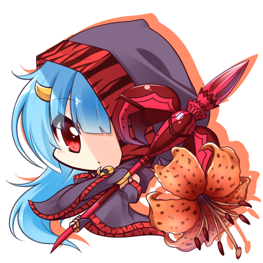 1girl, bangs, black_cape, black_flower, blue_hair, brown_flower, cape, chibi