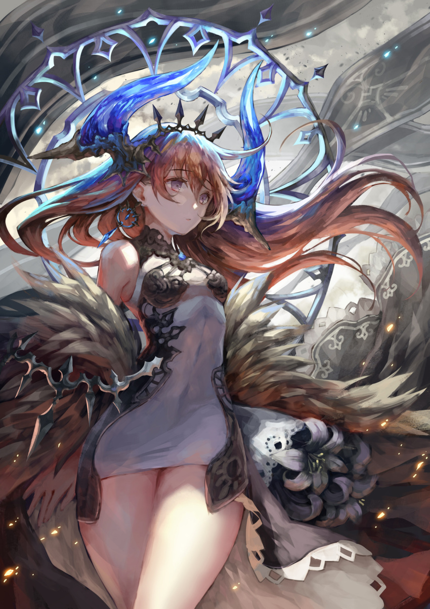 1girl, bangs, bare_shoulders, breasts, brown_hair, clouds, cloudy_sky, commentary_request