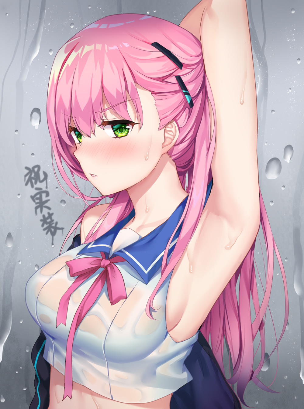 1girl, arm_behind_head, arm_up, armpits, azur_lane, bangs, bare_shoulders, black_jacket