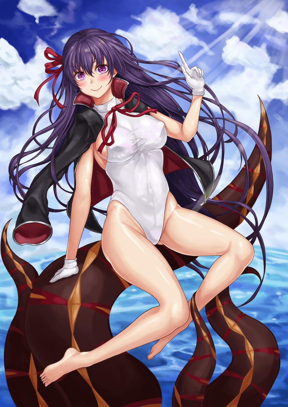 1girl, barefoot, bb_(fate)_(all), bb_(swimsuit_mooncancer)_(fate), blue_sky, clothes_on_shoulders, clouds, day