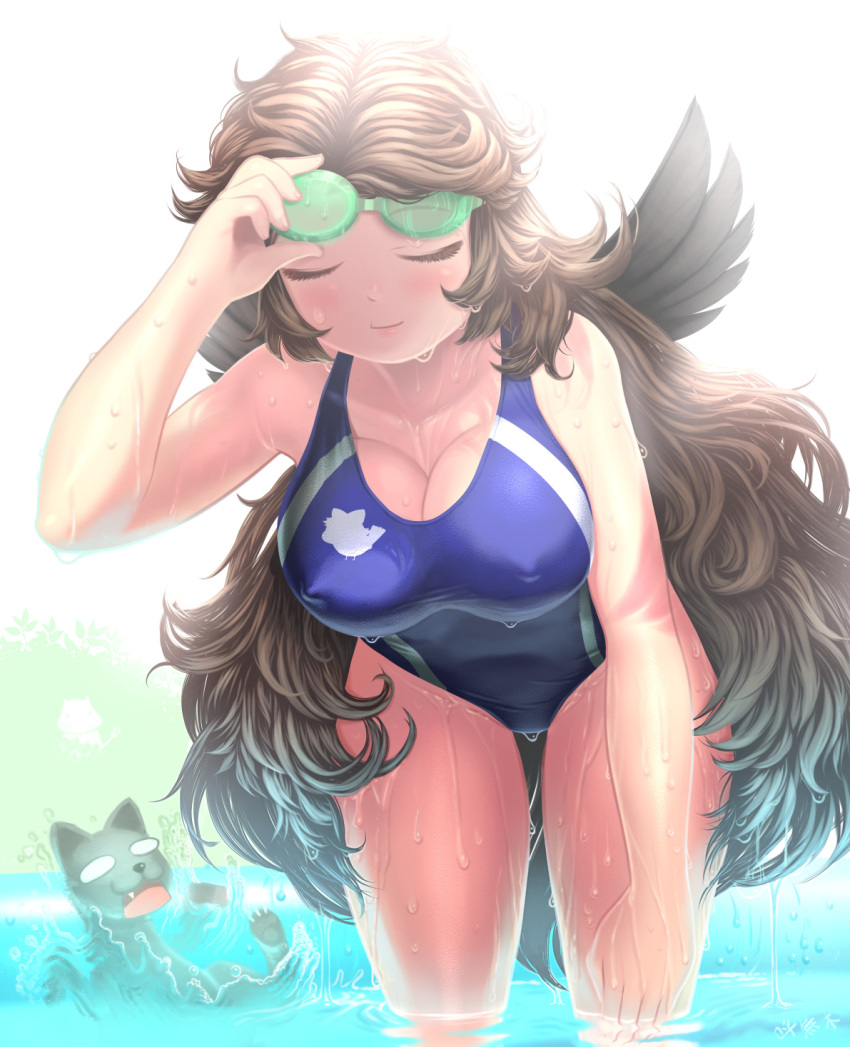 1girl, backlighting, bare_arms, bare_legs, bare_shoulders, blank_eyes, blue_swimsuit, breasts, brown_hair, cat, cleavage, closed_eyes, closed_mouth, collarbone, commentary_request, competition_swimsuit, covered_nipples, cowboy_shot, day, dripping, eyelashes, fang, goggles, goggles_on_head, hand_on_goggles, hand_on_own_knee, hand_up, highres, leaning_forward, long_hair, looking_at_another, medium_breasts, one-piece_swimsuit, open_mouth, outdoors, reiuji_utsuho, sidelocks, smile, solo_focus, standing, swimsuit, touhou, very_long_hair, wading, water, wet, wet_clothes, wet_face, wet_hair, wet_swimsuit, yonaki