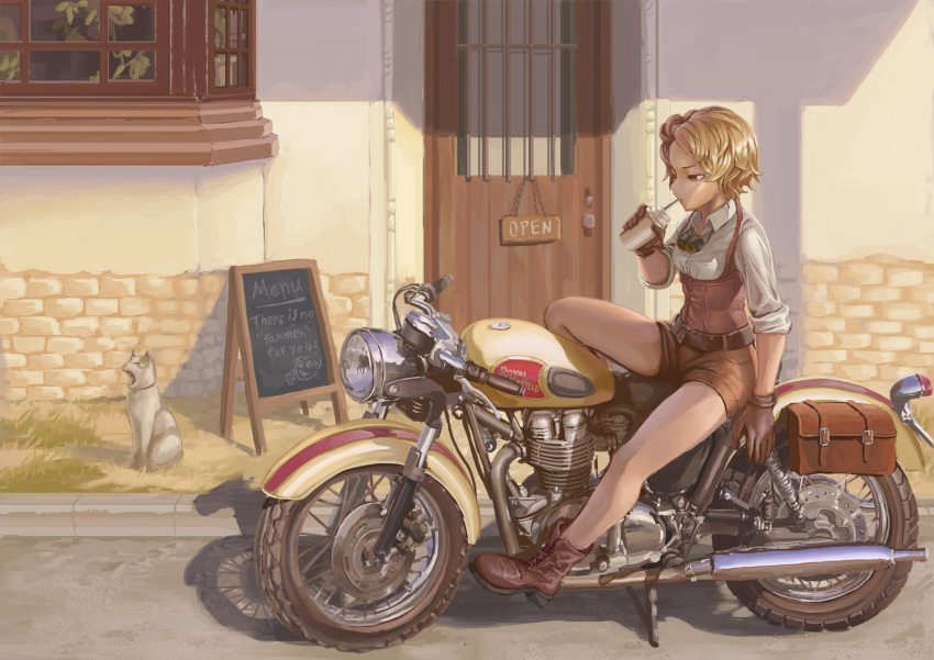 1girl, belt, blonde_hair, cat, chalkboard_sign, cup, drinking, drinking_straw