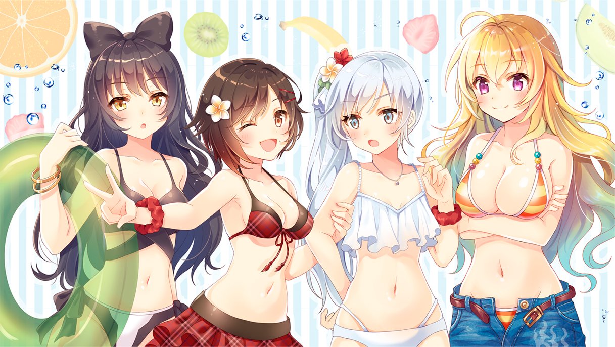 4girls, :o, ;d, ahoge, arm_grab, bikini, bikini_skirt, black_bow