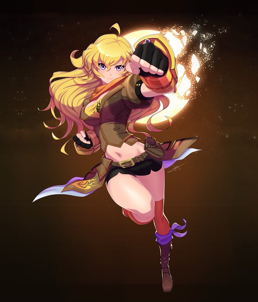 1girl, ahoge, black_gloves, black_shorts, blonde_hair, boots, brown_footwear, clenched_hands