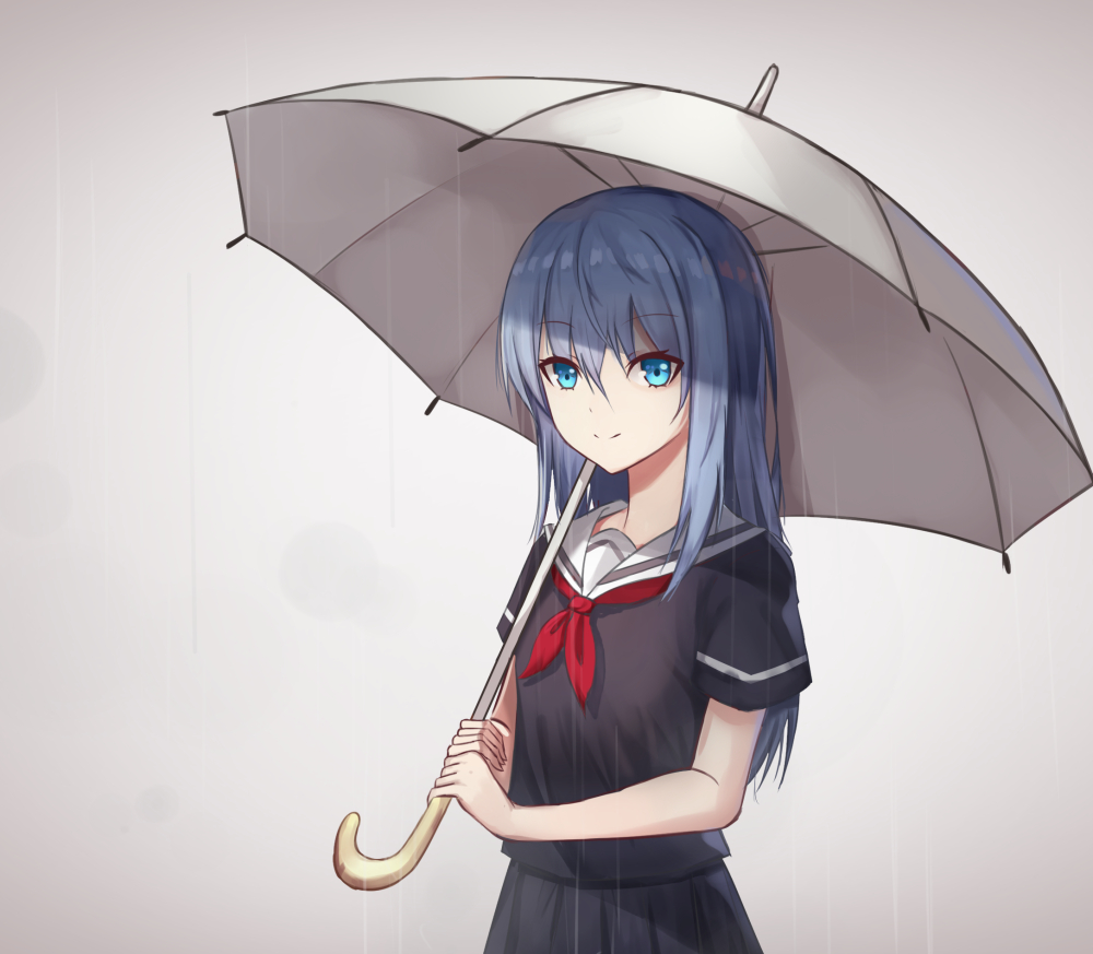 1girl, black_serafuku, black_shirt, black_skirt, blacktheif, blue_eyes, blue_hair, eyebrows_visible_through_hair