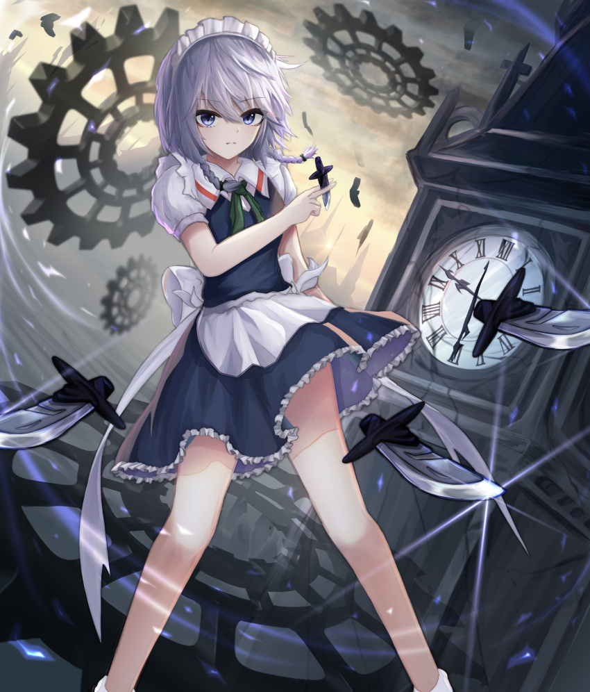 1girl, absurdres, apron, blue_skirt, bow, braid, clock, clock_tower