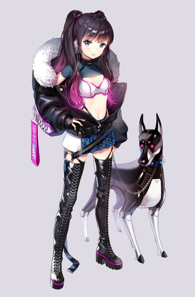 1girl, ancotaku, astro_and_girls, black_footwear, black_hair, black_panties, blue_eyes, boots, breasts, chains, cleavage, dog, eyebrows_visible_through_hair, full_body, fur_trim, gradient_hair, grey_background, hair_ornament, highleg, highleg_panties, long_hair, looking_at_viewer, midriff, miniskirt, multicolored_hair, navel, panties, parted_lips, pleated_skirt, purple_hair, shiny, shiny_hair, simple_background, skirt, small_breasts, solo, standing, stomach, thigh-highs, thigh_boots, twintails, two-tone_hair, underwear