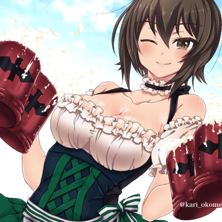 1girl, alcohol, bangs, beer, beer_mug, black_choker, blue_sky, breasts