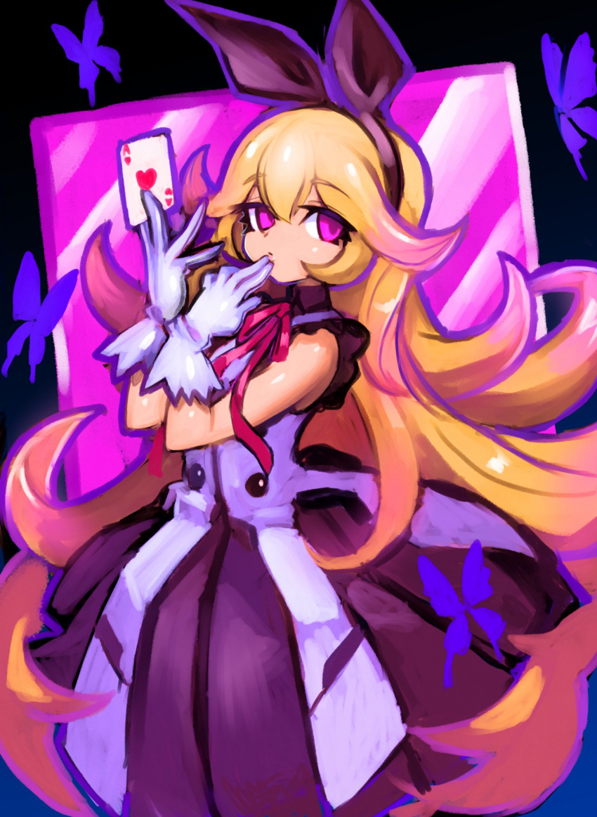 1girl, azure_striker_gunvolt, bare_arms, black_ribbon, blonde_hair, bug, butterfly, card