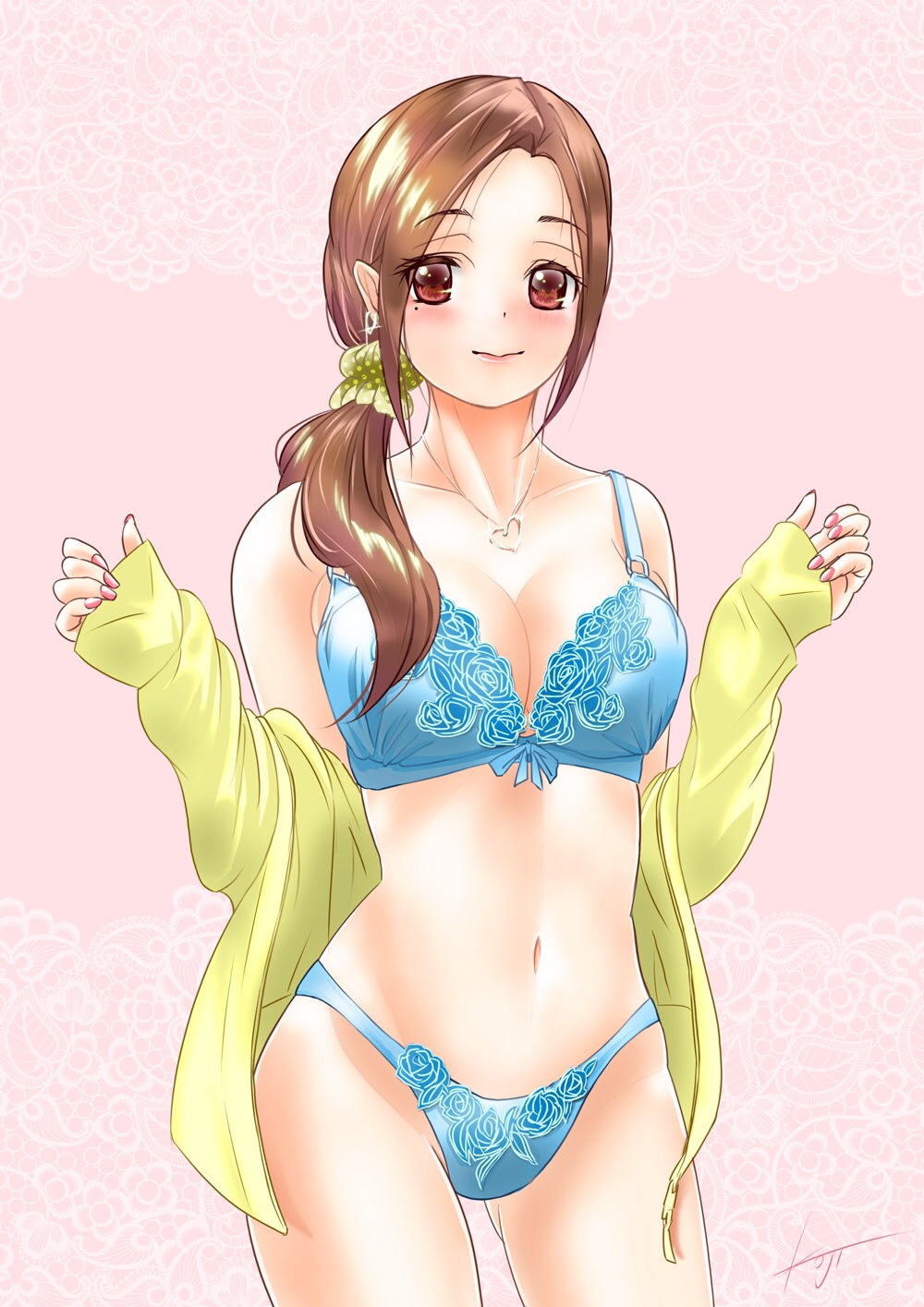1girl, artist_name, ass_visible_through_thighs, bangs, bare_shoulders, blue_bra, blue_panties, bow