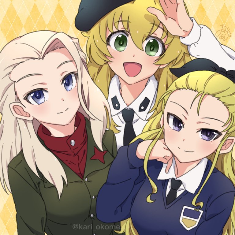 3girls, :d, anzio_school_uniform, arm_up, artist_name, assam, bangs, beret