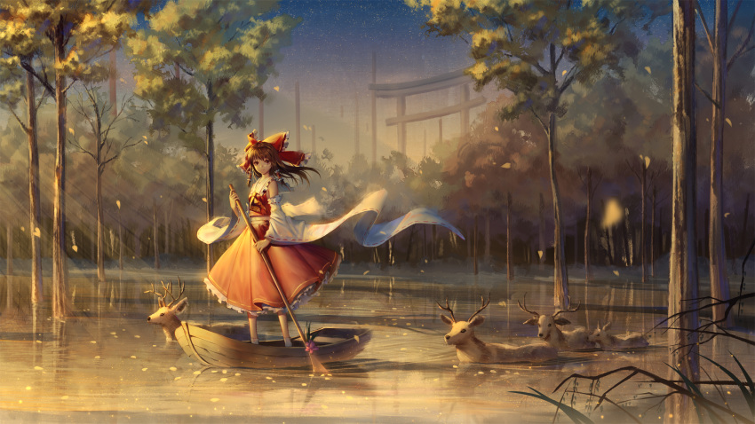 1girl, animal, ascot, boat, bow, brown_hair, chinese_commentary, commentary_request