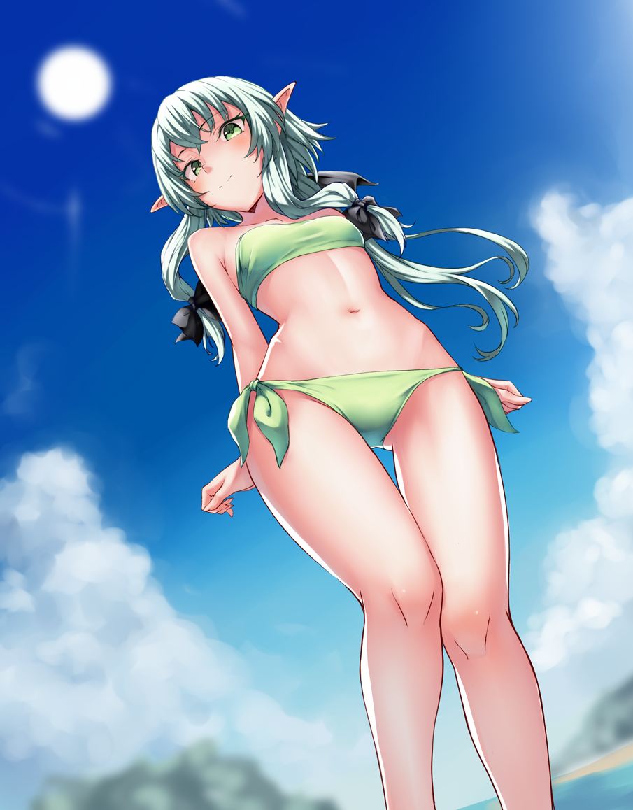 1girl, bikini, black_bow, blue_sky, bow, closed_eyes, clouds, day