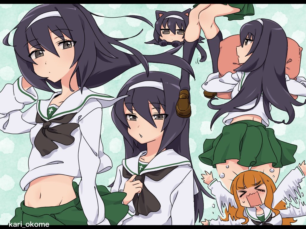 >_<, 2girls, adjusting_neckwear, afterimage, bangs, black_hair, black_legwear, black_neckwear