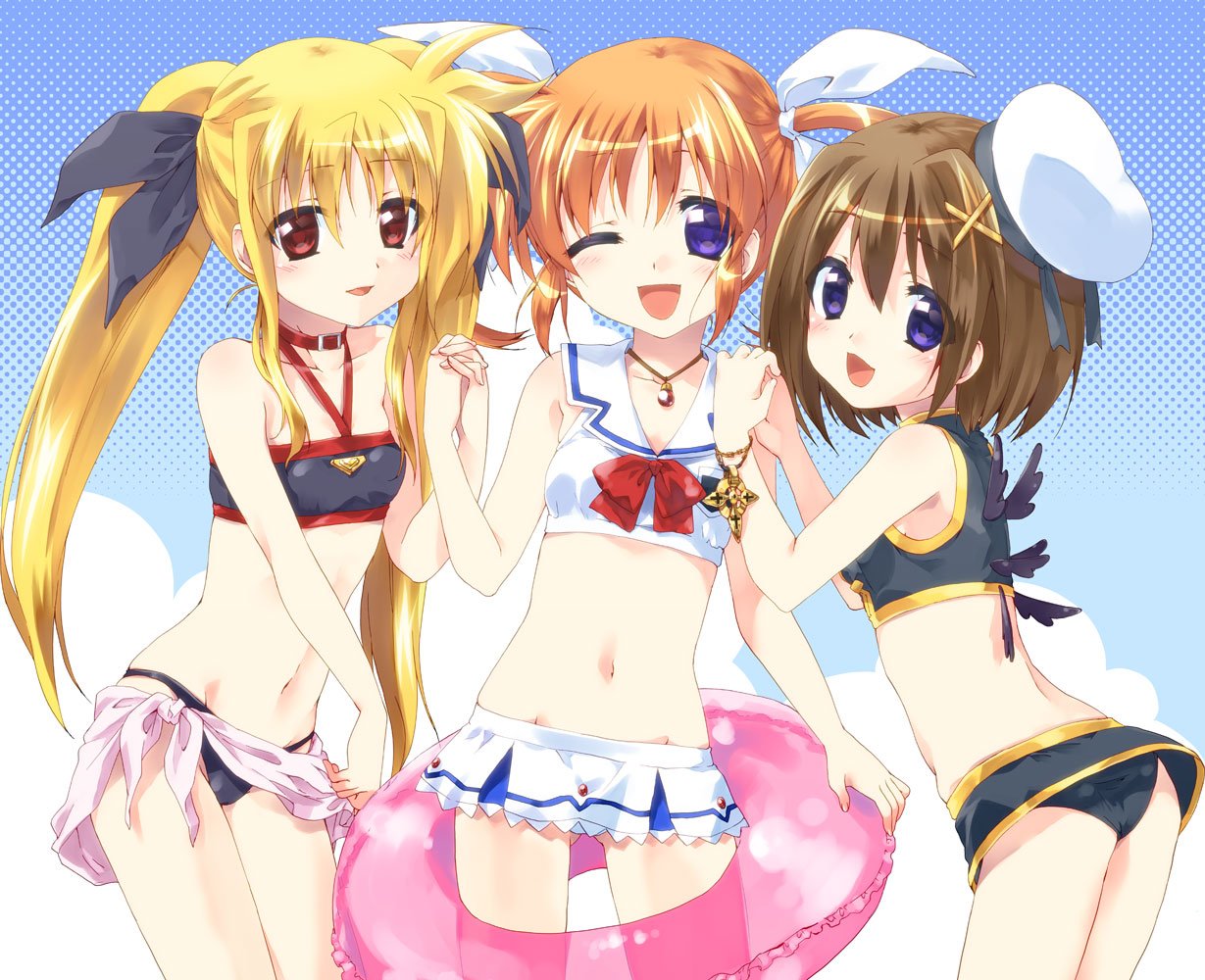 3girls, :d, ;d, adapted_uniform, ass, backlighting, bangs, bardiche