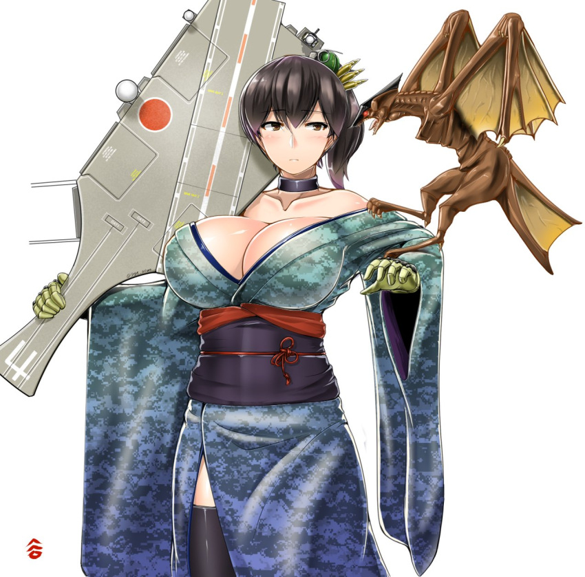 1girl, alternate_costume, ammunition, bare_shoulders, blue_kimono, breasts, brown_eyes, brown_hair, camouflage, cartridge, choker, collarbone, commentary_request, explosive, eyebrows_visible_through_hair, flight_deck, gamera_(series), gloves, green_gloves, grenade, gyaos, hagoita, hair_ornament, highres, huge_breasts, japanese_clothes, kaga_(jmsdf), kaga_(kantai_collection), kantai_collection, kimono, kotoyoro, long_sleeves, new_year, obi, off_shoulder, paddle, phalanx_ciws, radome, saizu_nitou_gunsou, sash, side_ponytail, simple_background, solo, thigh-highs, twitter_username, white_background, wide_sleeves