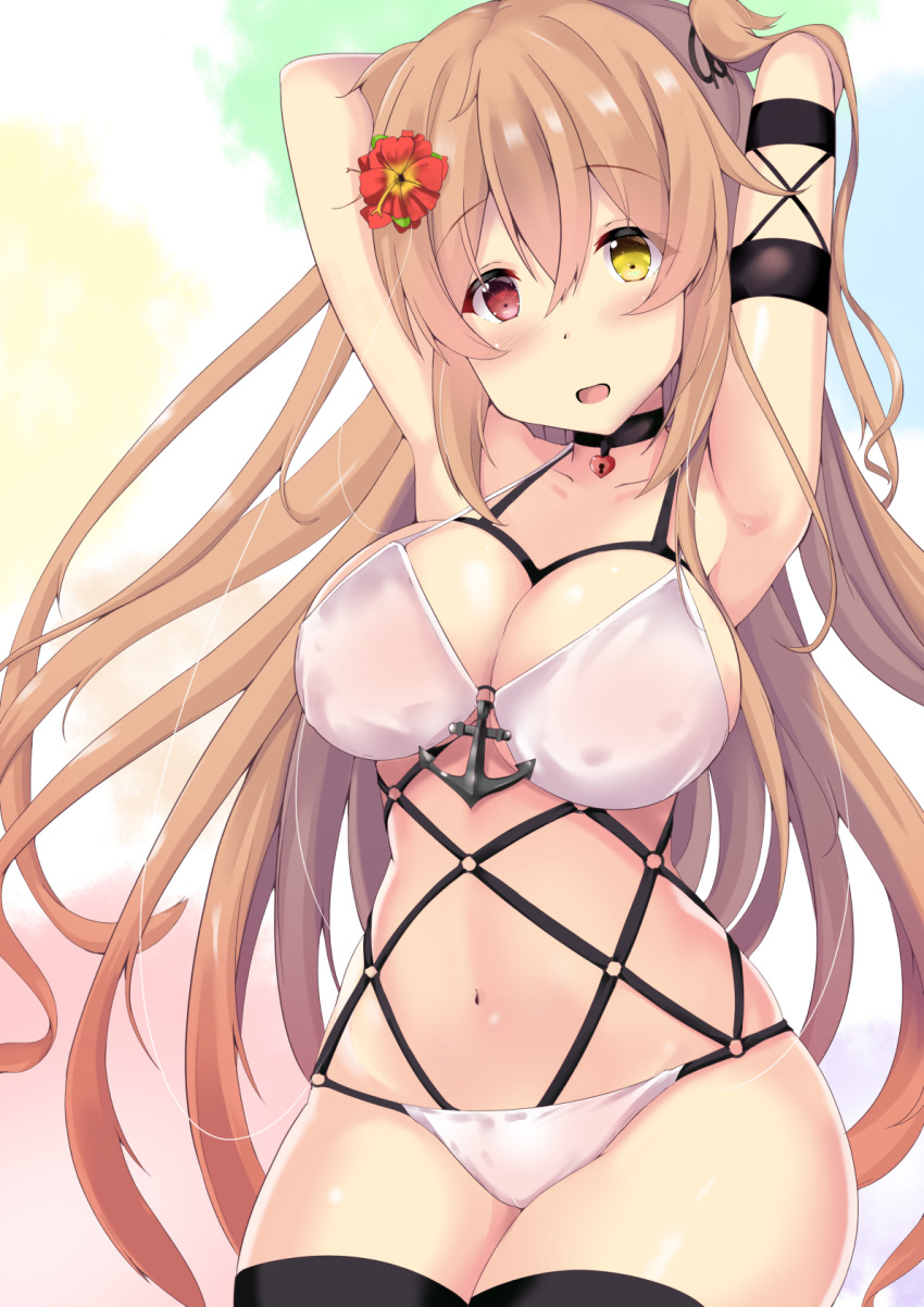 1girl, anchor, armpits, arms_behind_head, black_legwear, blush, bra, breasts