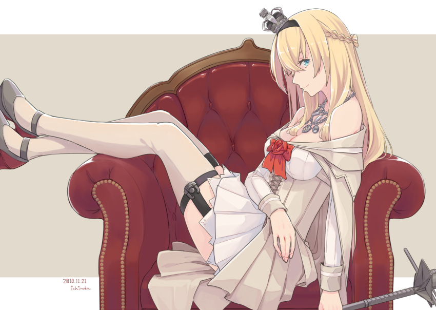 1girl, arm_across_waist, artist_name, bare_shoulders, black_footwear, blonde_hair, blue_eyes, blush, braid, breasts, corset, couch, crossed_ankles, crown, dated, dress, flower, french_braid, garter_straps, globus_cruciger, hair_between_eyes, hairband, high_heels, holding, holding_weapon, jewelry, kantai_collection, long_hair, long_sleeves, mary_janes, mini_crown, necklace, off-shoulder_dress, off_shoulder, open_mouth, red_flower, red_ribbon, red_rose, ribbon, rose, scepter, shoes, sitting, smile, solo, thigh-highs, ueno_(sakumogu-029), warspite_(kantai_collection), weapon, white_dress, white_legwear