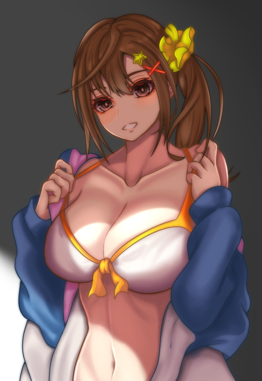 1girl, bikini, bikini_top, bikini_under_clothes, blue_jacket, blush, breasts, brown_eyes