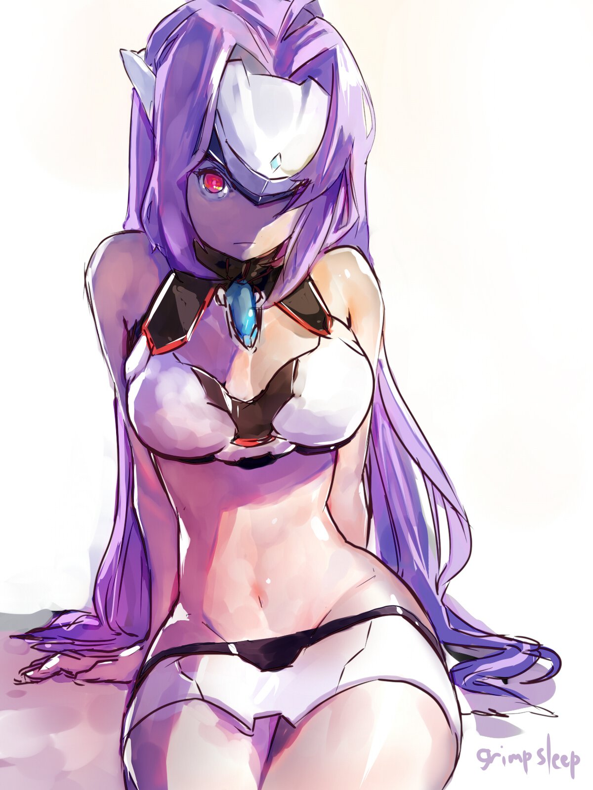 1girl, android, bare_shoulders, blue_hair, breasts, cyborg, expressionless, forehead_protector