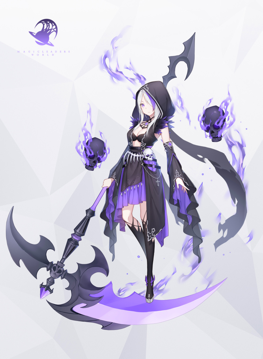 1girl, absurdres, bone, detached_sleeves, expressionless, eyebrows_visible_through_hair, feathers, floating_skull, full_body, hair_over_one_eye, highres, hood, hood_up, kurisu_tina, looking_at_viewer, multicolored_hair, nail_polish, original, scythe, solo, streaked_hair, violet_eyes, white_hair, wide_sleeves