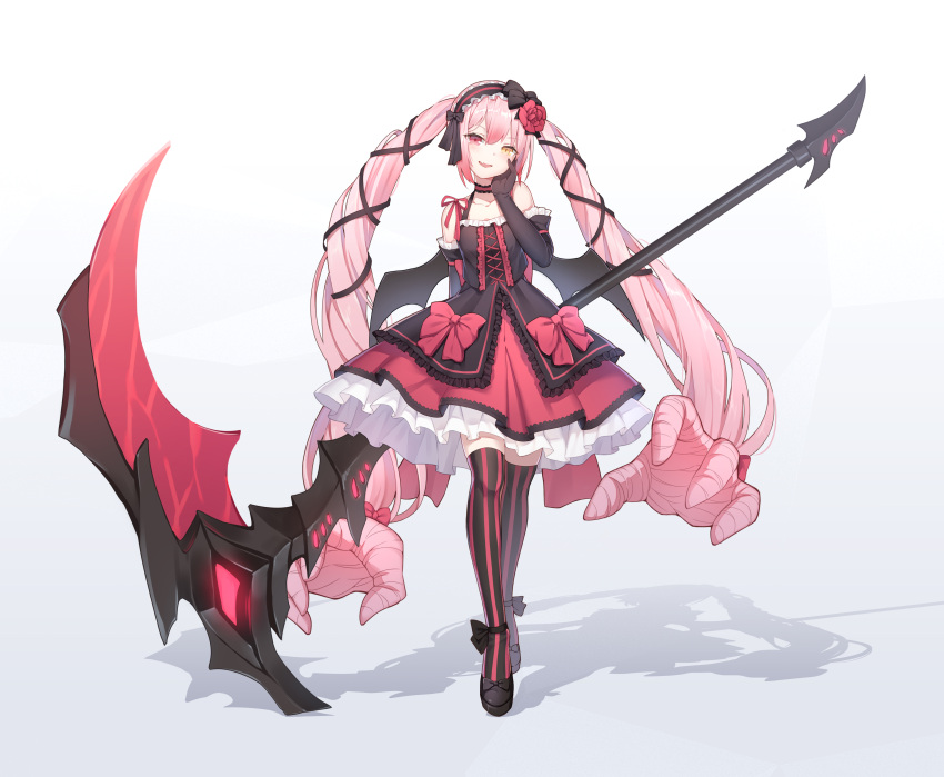 1girl, absurdres, bat_wings, choker, elbow_gloves, eyebrows_visible_through_hair, fang, flower, frills, full_body, gloves, gothic_lolita, hair_flower, hair_ornament, hair_ribbon, hairband, hand_on_own_cheek, head_tilt, heterochromia, highres, huge_weapon, kurisu_tina, lolita_fashion, long_hair, mary_janes, original, pink_eyes, pink_hair, prehensile_hair, ribbon, scythe, shoes, solo, standing, striped, striped_legwear, tachi-e, thigh-highs, twintails, vampire, very_long_hair, weapon, wings, yellow_eyes