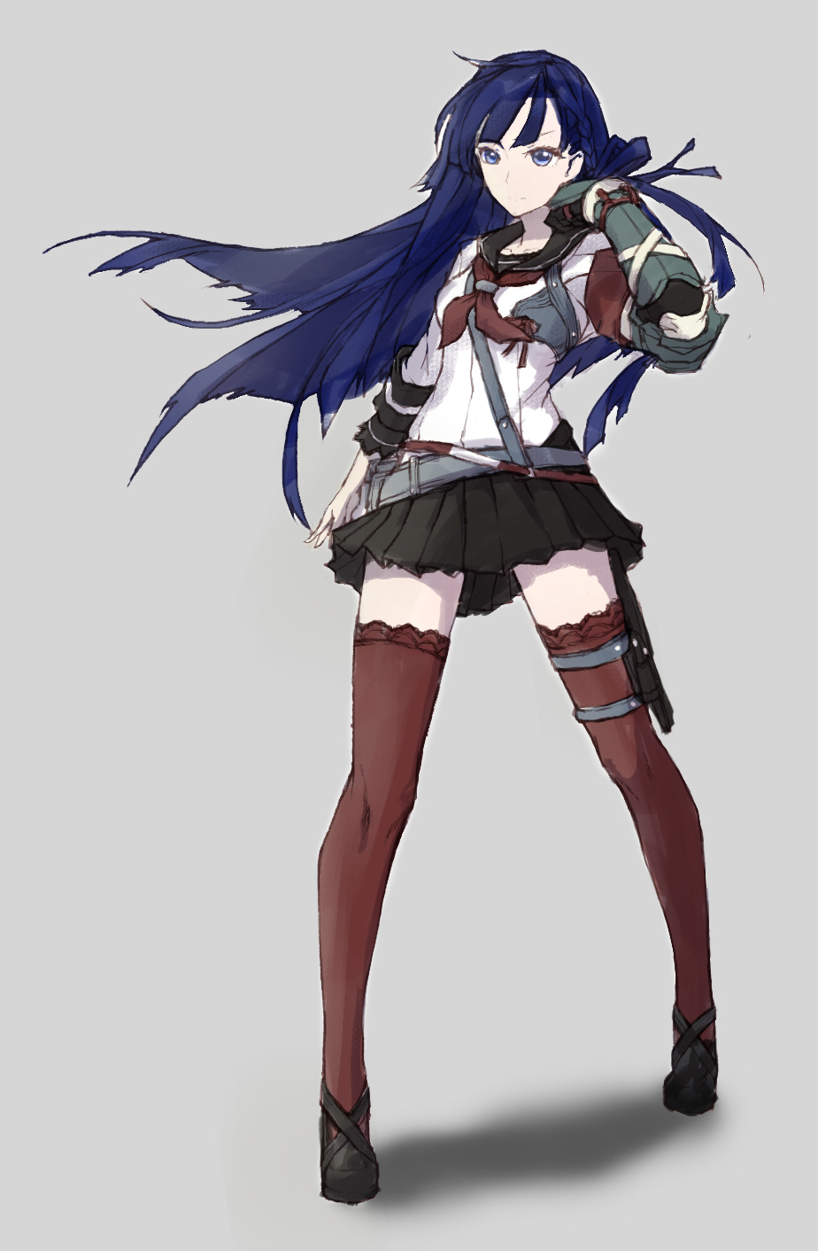 1girl, 7th_dragon_(series), 7th_dragon_2020, arm_at_side, arm_up, ascot, black_footwear, black_sailor_collar