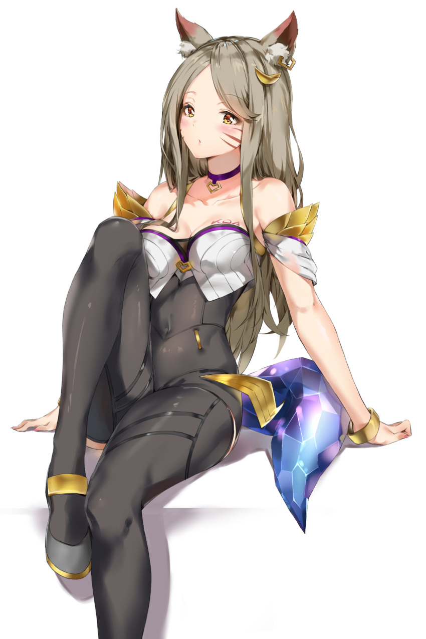 1girl, ahri, animal_ears, blonde_hair, body_writing, breasts, cleavage, fox_ears