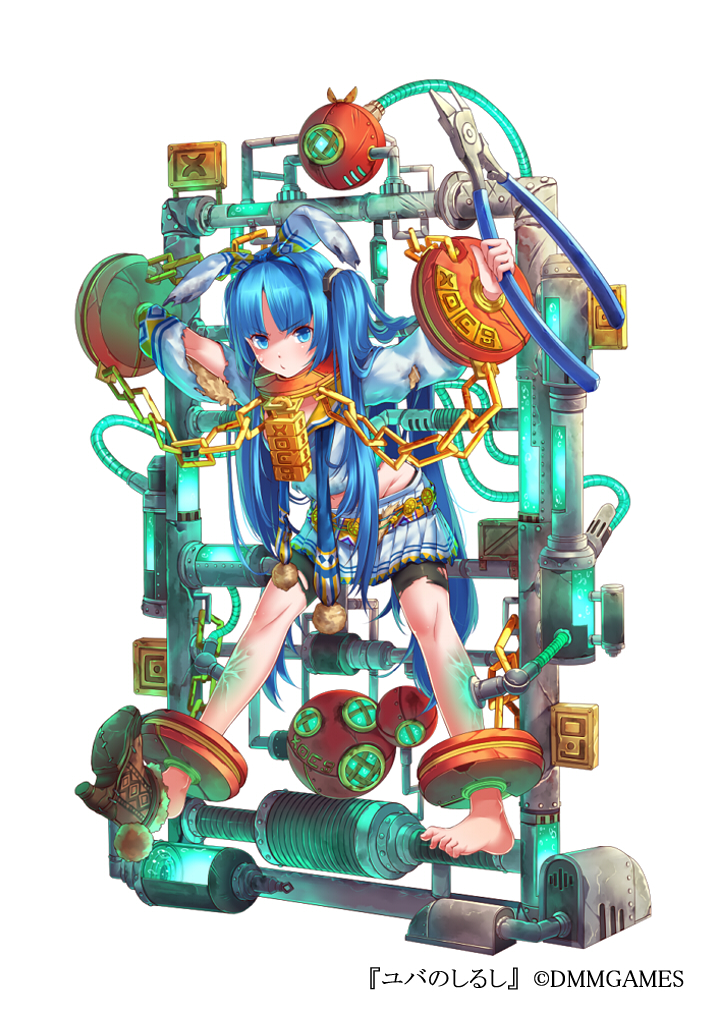 1girl, barefoot, blue_eyes, blue_hair, bow, brown_footwear, chain, chained