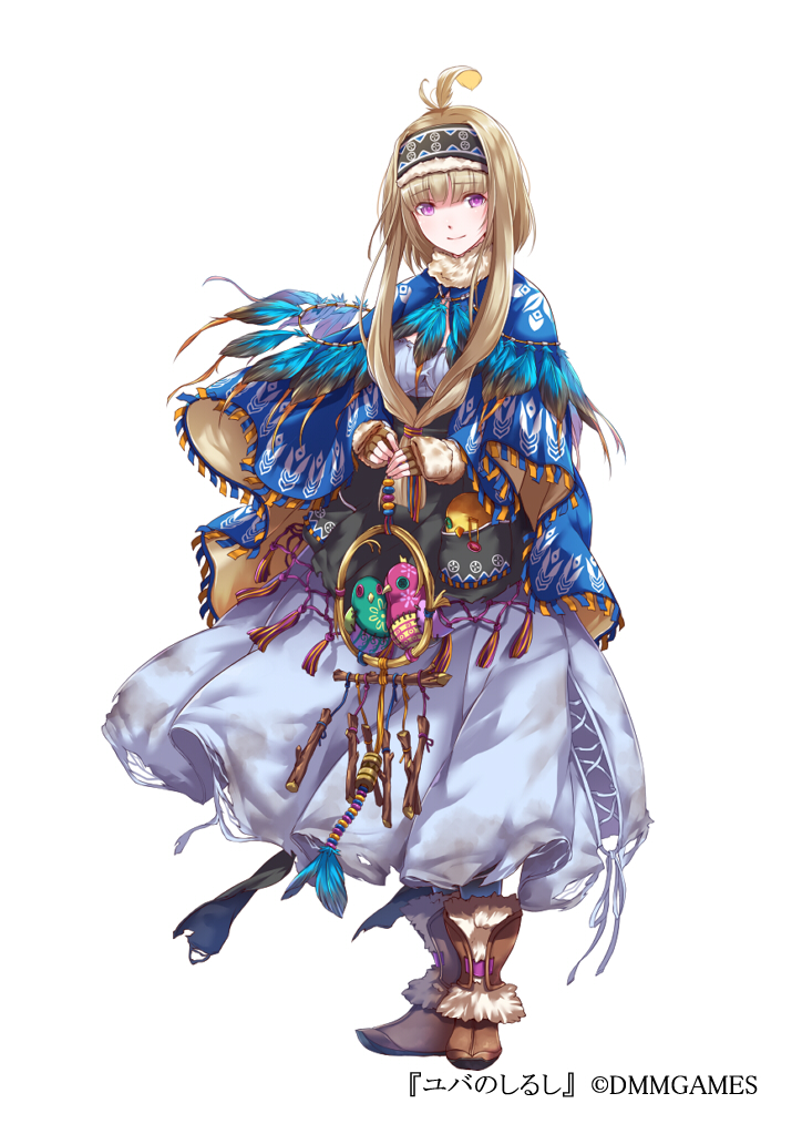 1girl, blonde_hair, brown_footwear, brown_gloves, company_name, dmm, doll, feathers